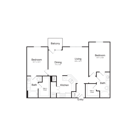 Floor plan for 2 beds, 2 baths, 1205 sqft
