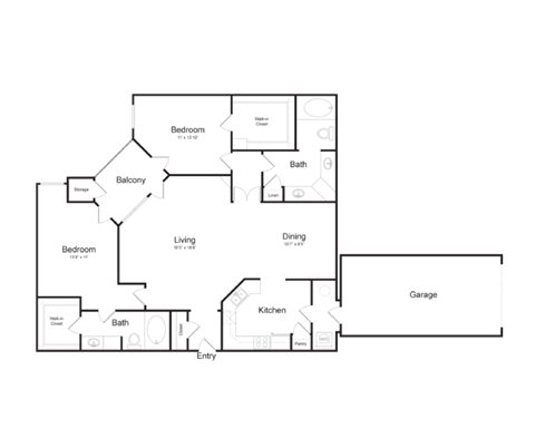 Floor plan for 2 beds, 2 baths, 1294 sqft