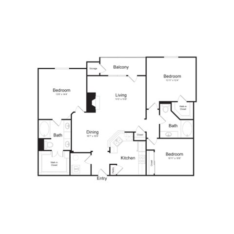 Floor plan for 3 beds, 2 baths, 1396 sqft