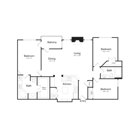 Floor plan for 3 beds, 2 baths, 1492 sqft