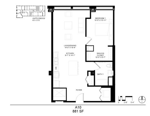Floor plan for 1 bed, 1 bath, 881 sqft