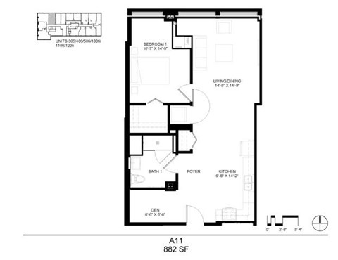 Floor plan for 1 bed, 1 bath, 882 sqft