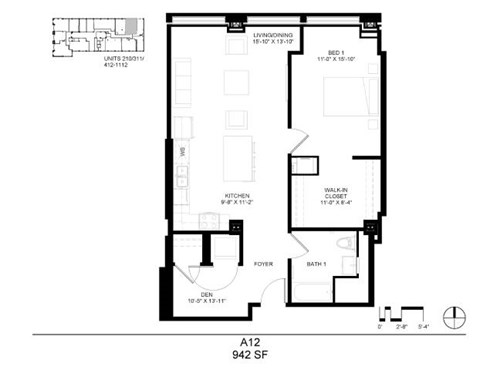 Floor plan for 1 bed, 1 bath, 942 sqft
