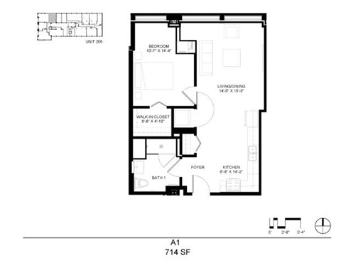 Floor plan for 1 bed, 1 bath, 714 sqft