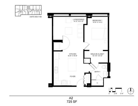 Floor plan for 1 bed, 1 bath, 725 sqft