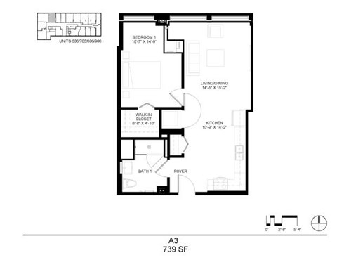 Floor plan for 1 bed, 1 bath, 739 sqft