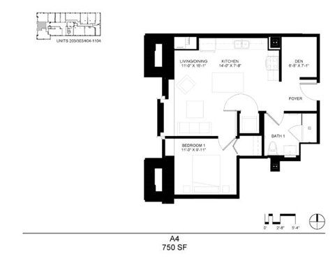 Floor plan for 1 bed, 1 bath, 750 sqft