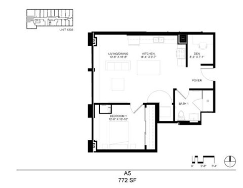 Floor plan for 1 bed, 1 bath, 772 sqft