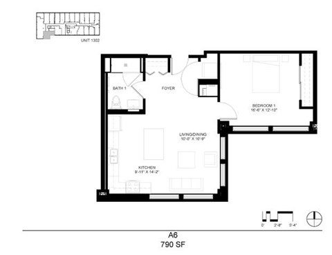 Floor plan for 1 bed, 1 bath, 790 sqft
