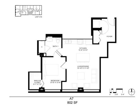 Floor plan for 1 bed, 1 bath, 802 sqft