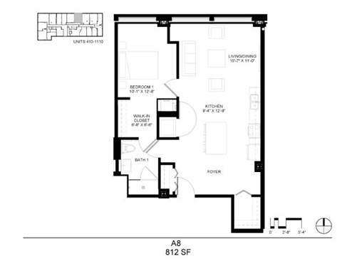 Floor plan for 1 bed, 1 bath, 812 sqft