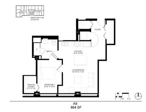 Floor plan for 1 bed, 1 bath, 864 sqft