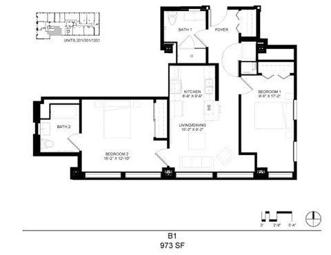 Floor plan for 2 beds, 2 baths, 973 sqft