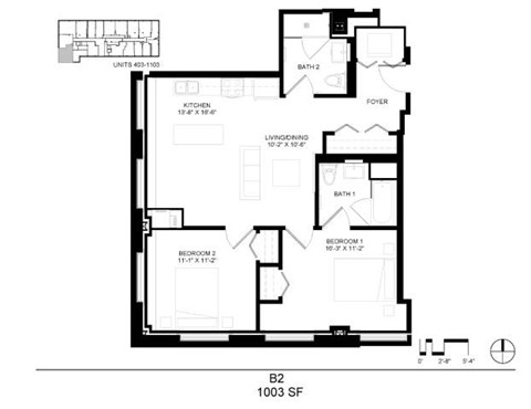 Floor plan for 2 beds, 2 baths, 1003 sqft