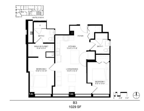 Floor plan for 2 beds, 2 baths, 1029 sqft