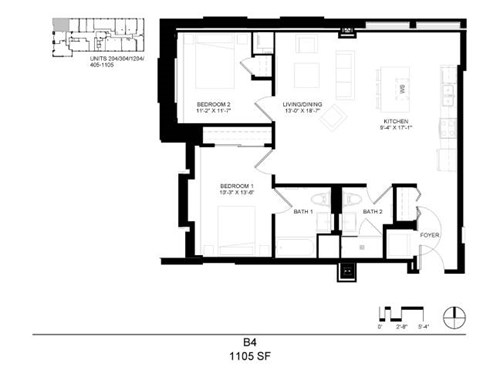 Floor plan for 2 beds, 2 baths, 1105 sqft