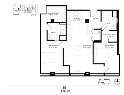 Floor plan for 2 beds, 2 baths, 1218 sqft