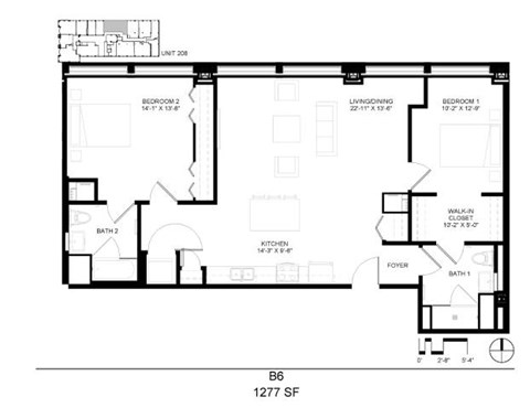 Floor plan for 2 beds, 2 baths, 1277 sqft