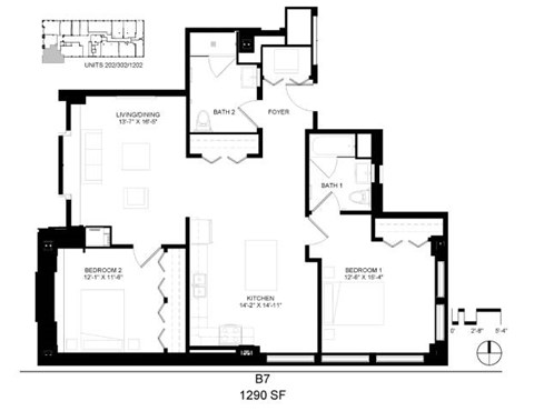 Floor plan for 2 beds, 2 baths, 1290 sqft