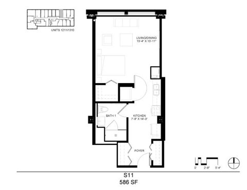 Floor plan for studio, 1 bath, 586 sqft