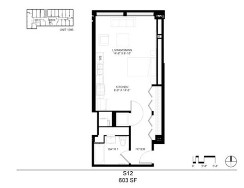 Floor plan for studio, 1 bath, 603 sqft