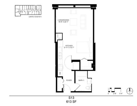Floor plan for studio, 1 bath, 613 sqft