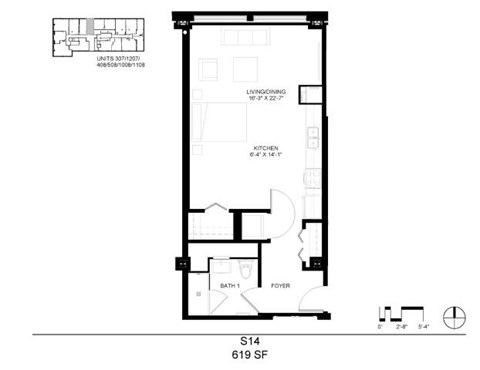 Floor plan for studio, 1 bath, 619 sqft