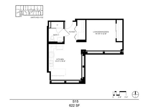 Floor plan for studio, 1 bath, 622 sqft