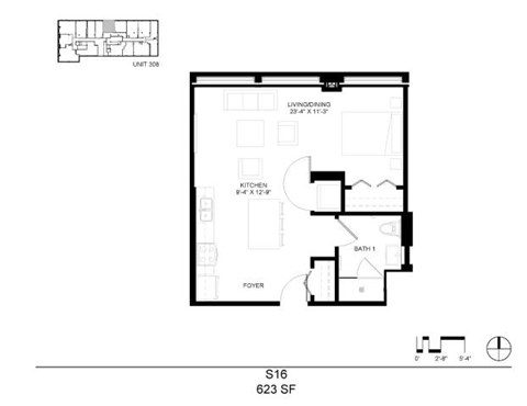 Floor plan for studio, 1 bath, 623 sqft
