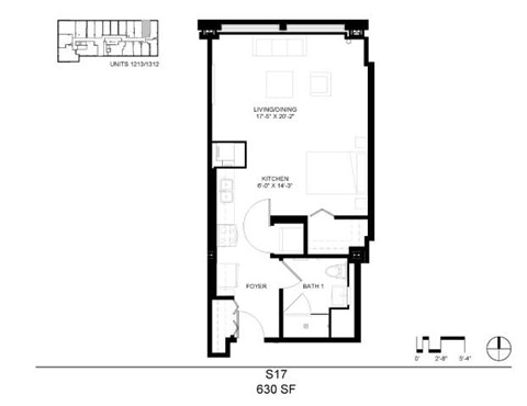 Floor plan for studio, 1 bath, 630 sqft