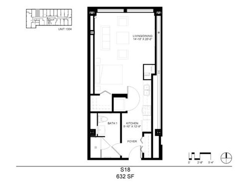 Floor plan for studio, 1 bath, 632 sqft
