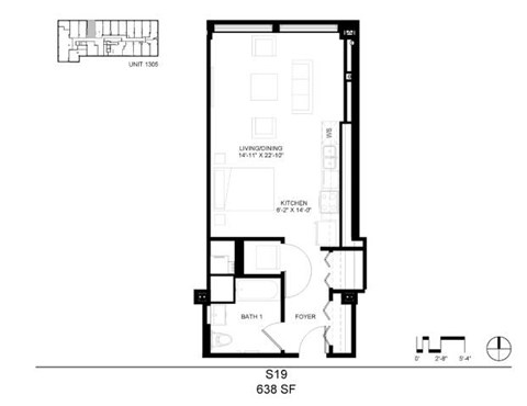 Floor plan for studio, 1 bath, 638 sqft