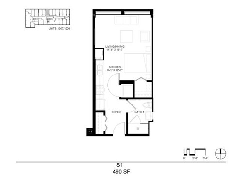 Floor plan for studio, 1 bath, 490 sqft
