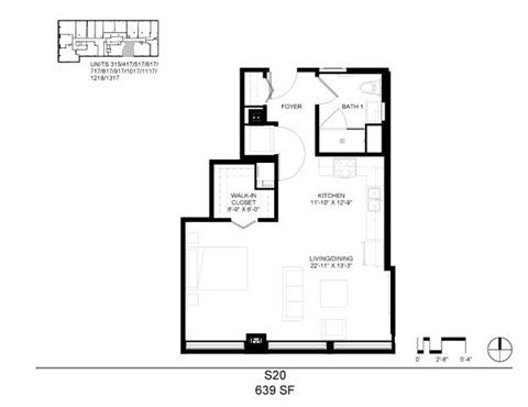 Floor plan for studio, 1 bath, 639 sqft