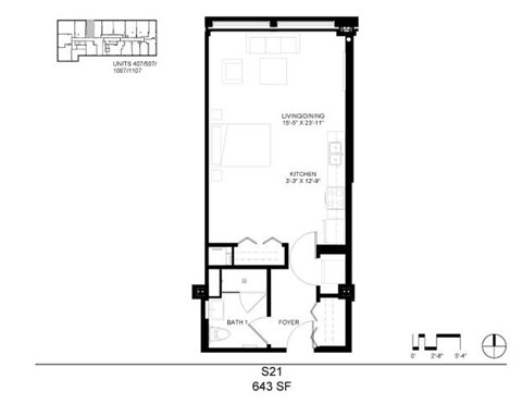 Floor plan for studio, 1 bath, 643 sqft