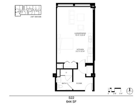 Floor plan for studio, 1 bath, 644 sqft