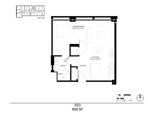 Floor plan for studio, 1 bath, 658 sqft