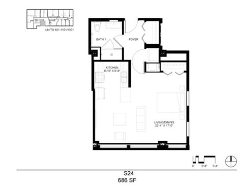 Floor plan for studio, 1 bath, 686 sqft