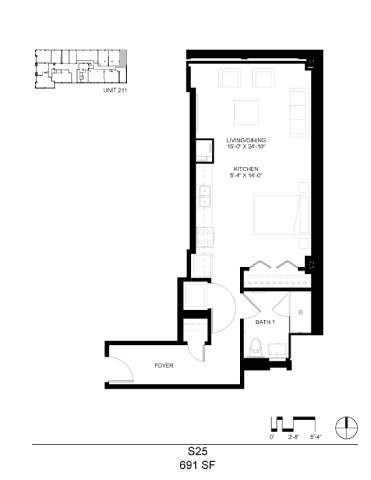 Floor plan for studio, 1 bath, 691 sqft