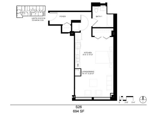 Floor plan for studio, 1 bath, 694 sqft