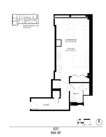 Floor plan for studio, 1 bath, 695 sqft