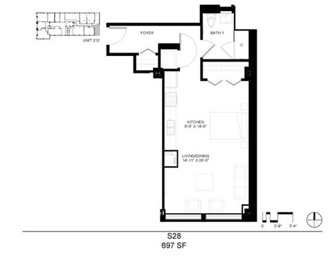 Floor plan for studio, 1 bath, 697 sqft