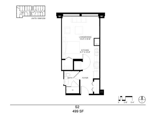 Floor plan for studio, 1 bath, 499 sqft