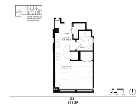 Floor plan for studio, 1 bath, 511 sqft