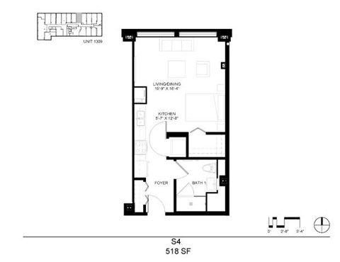 Floor plan for studio, 1 bath, 518 sqft