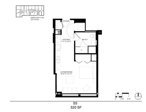 Floor plan for studio, 1 bath, 520 sqft
