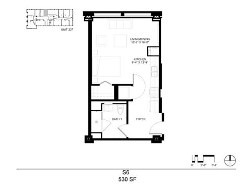 Floor plan for studio, 1 bath, 530 sqft