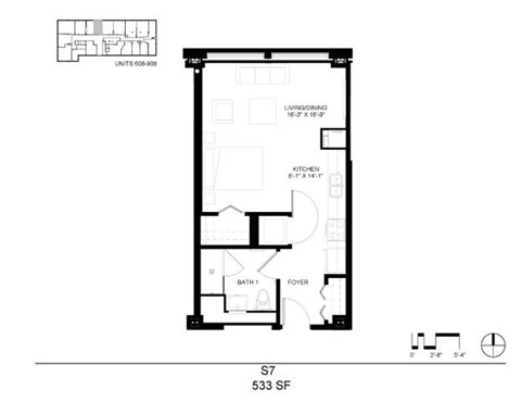 Floor plan for studio, 1 bath, 533 sqft