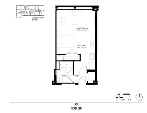 Floor plan for studio, 1 bath, 539 sqft