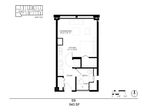 Floor plan for studio, 1 bath, 543 sqft